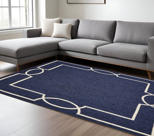 8' X 11' Blue And Ivory Geometric Hand Hooked Area Rug