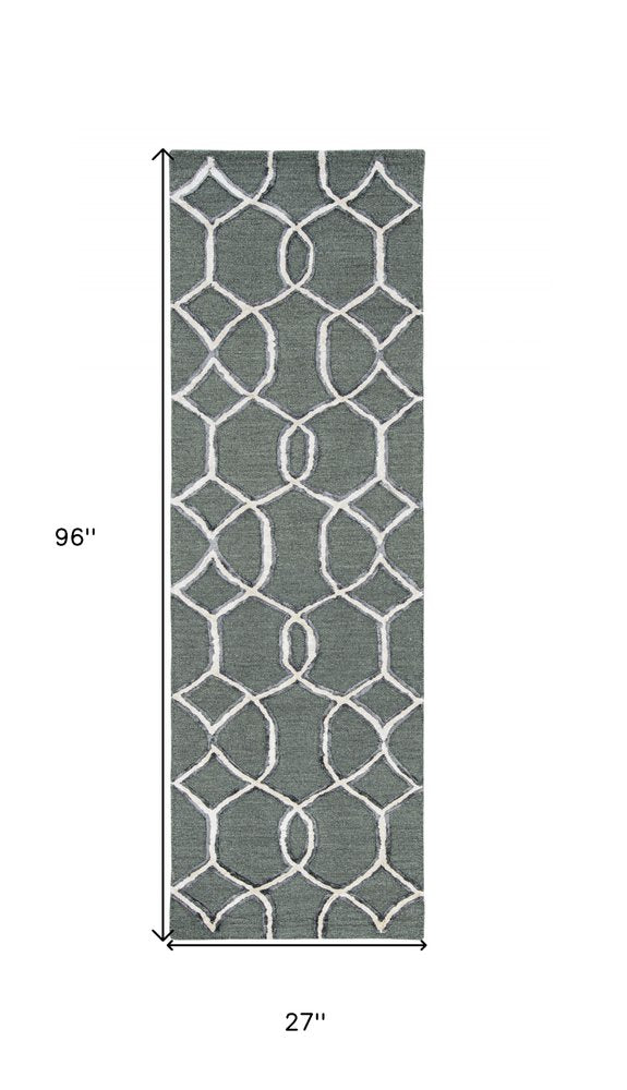 8' Gray Wool Geometric Hand Tufted Runner Rug
