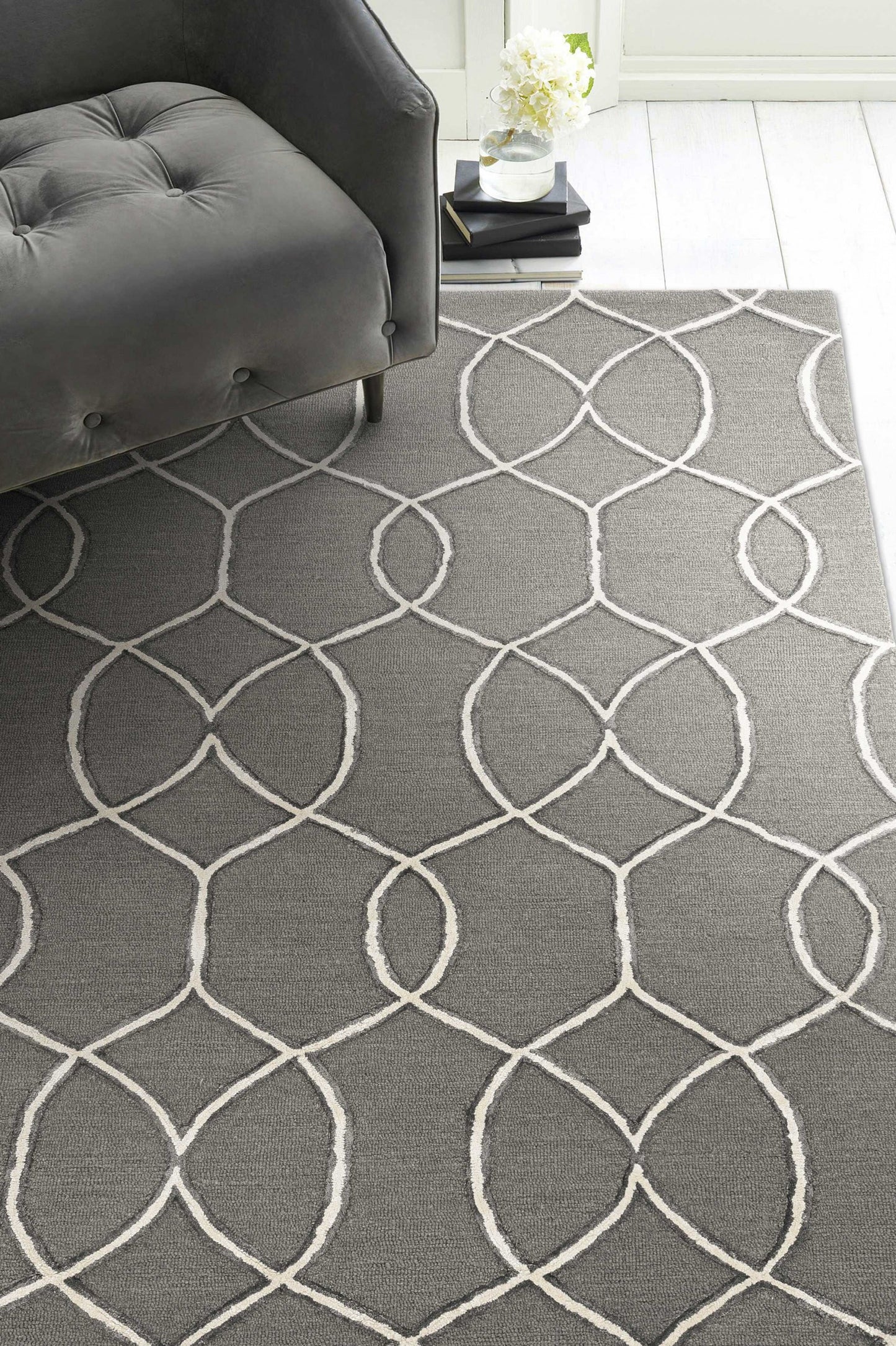 8' Gray Wool Geometric Hand Tufted Runner Rug