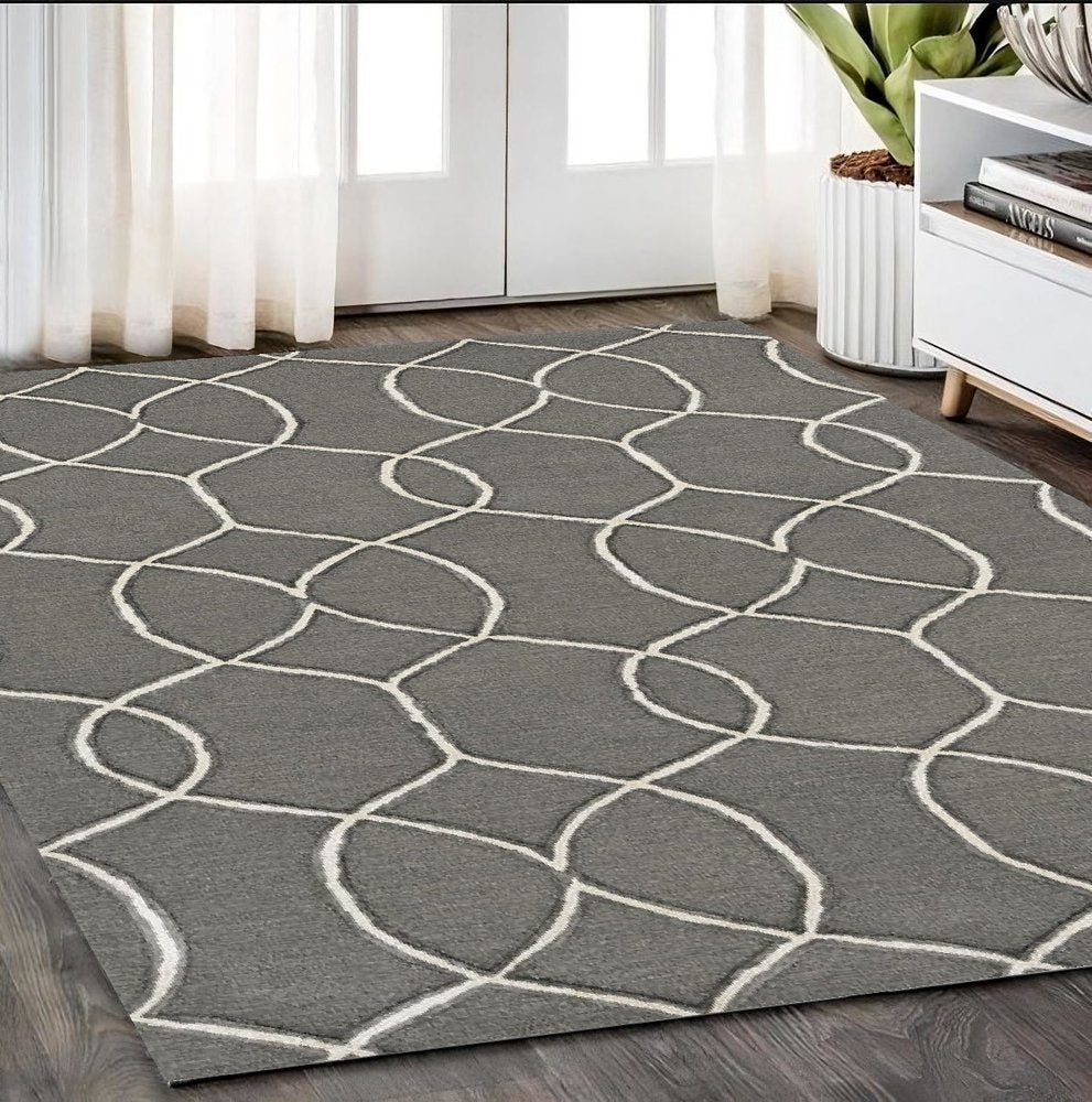 8' Gray Wool Geometric Hand Tufted Runner Rug