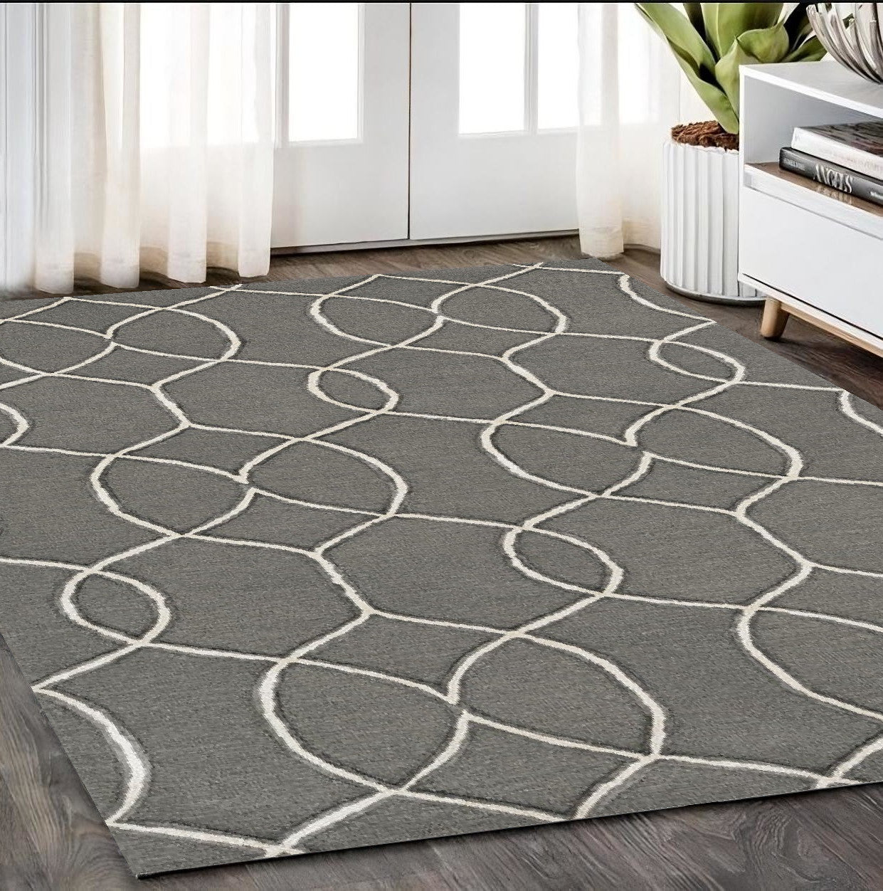 8' Gray Wool Geometric Hand Tufted Runner Rug