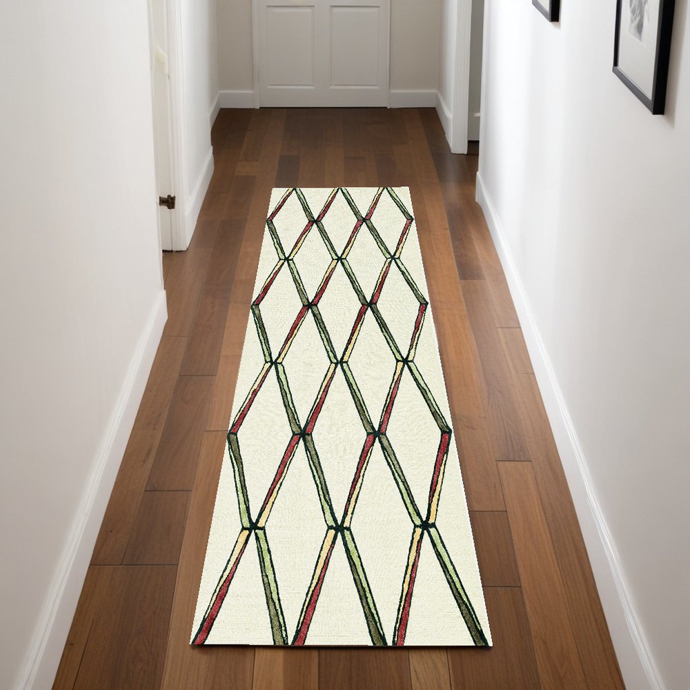 8' Beige Rust And Gold Wool Geometric Hand Tufted Runner Rug