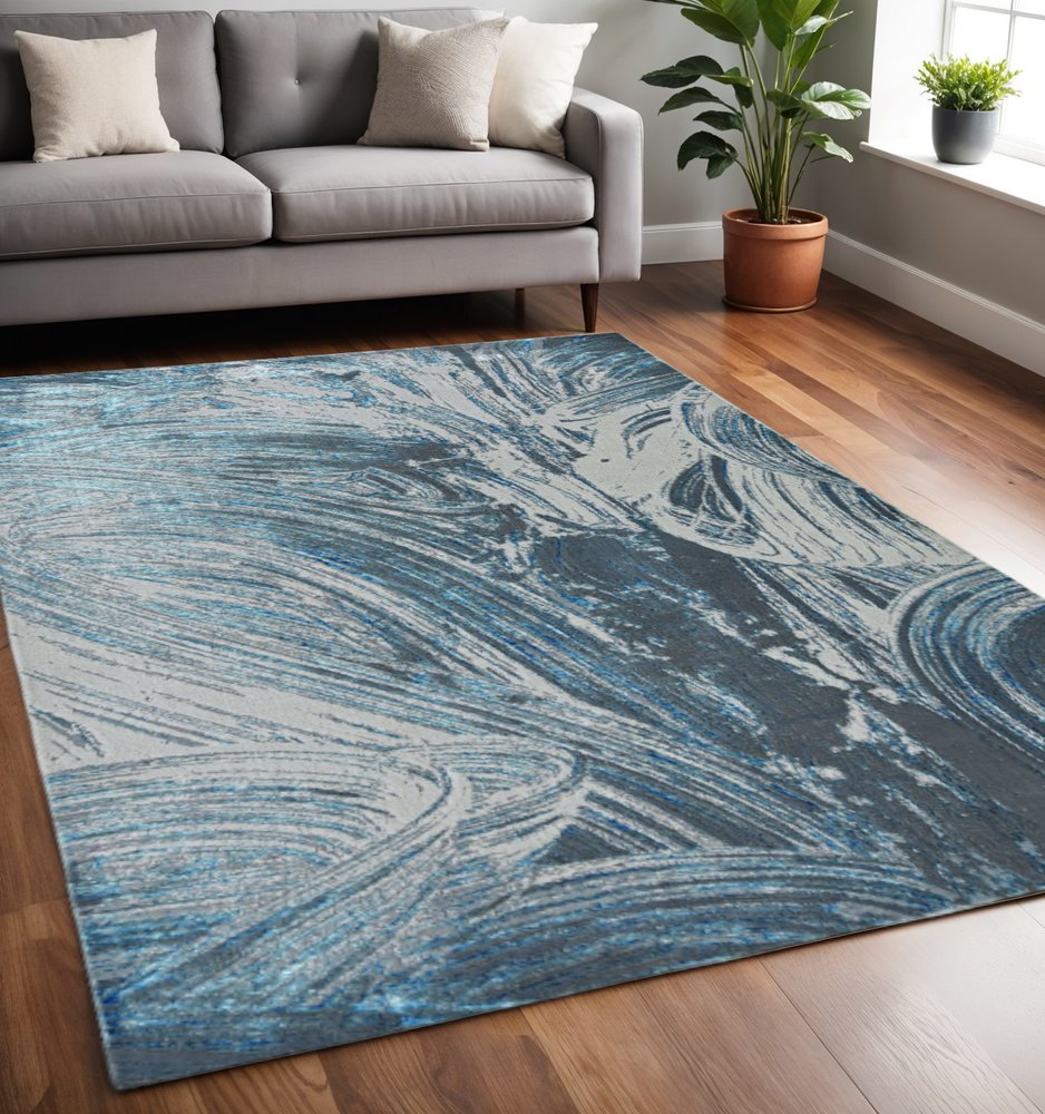 3' X 5' Blue And Silver Abstract Area Rug