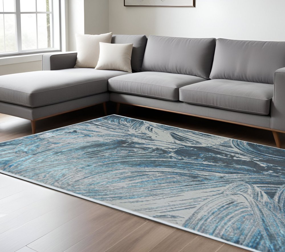 5' X 8' Silver And Blue Abstract Area Rug