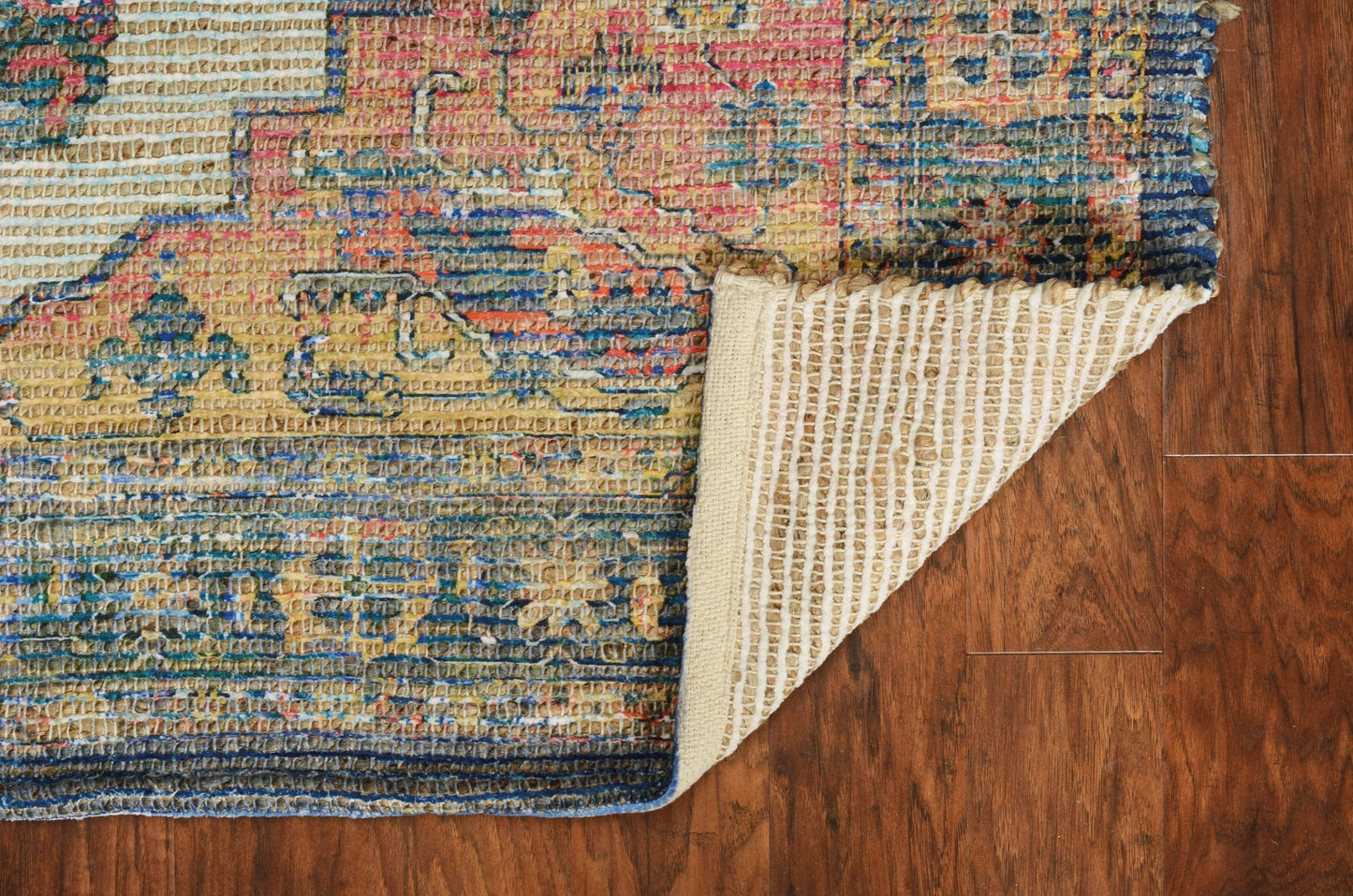 2' X 4' Blue Brick Red And Brown Jute Medallion Hand Woven Distressed Area Rug