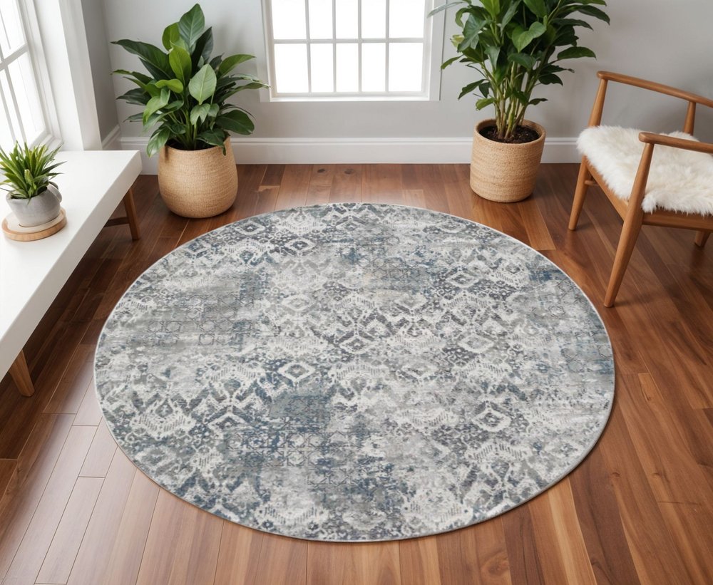 3' X 5' Ivory Gray And Teal Medallion Area Rug