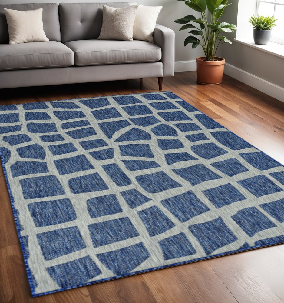 5' X 8' Blue Or Grey Abstract Panels Area Rug