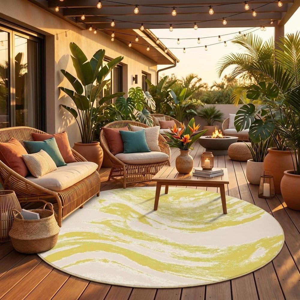 8' Gold And Ivory Abstract Indoor Outdoor Area Rug