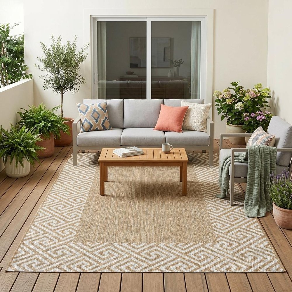 5' X 8' Ivory Geometric Indoor Outdoor Area Rug