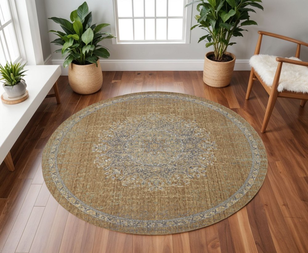 5' X 7' Brown And Gray Wool Medallion Area Rug