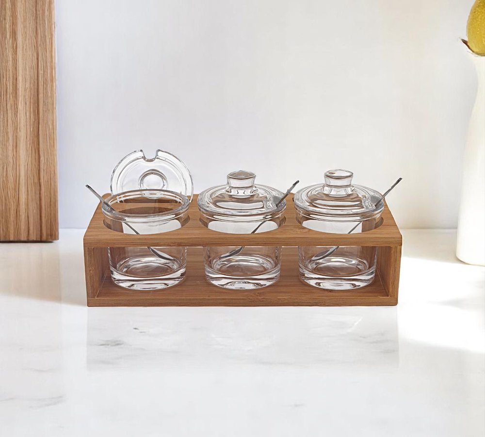 6 Mouth Blown Crystal Jam Set With 3 Glass Jars And Spoons On A Wood Stand