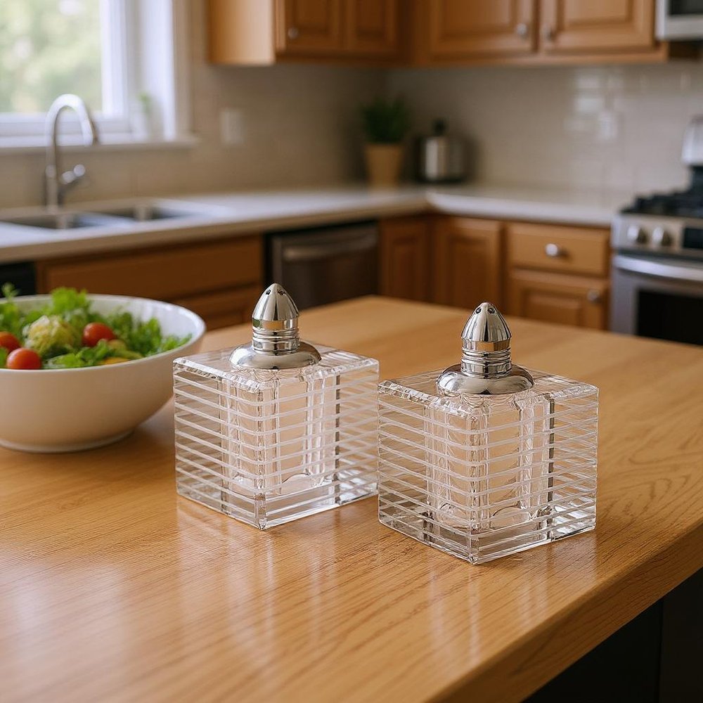 Set of Two Clear And Silver Crystal Striped Pepper Shakers