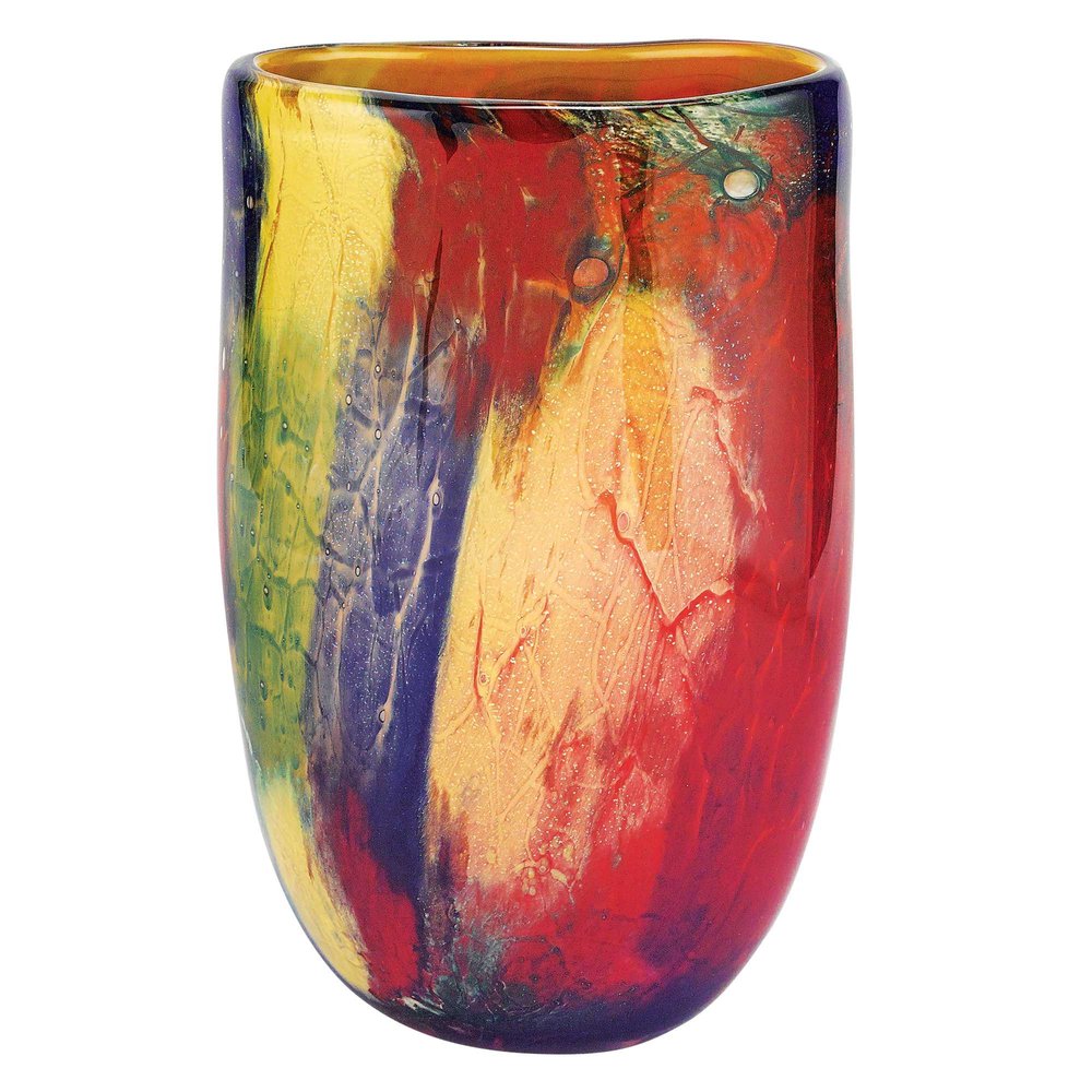 11" Red Purple And Yellow Abstract Oval Murano Glass Table Vase