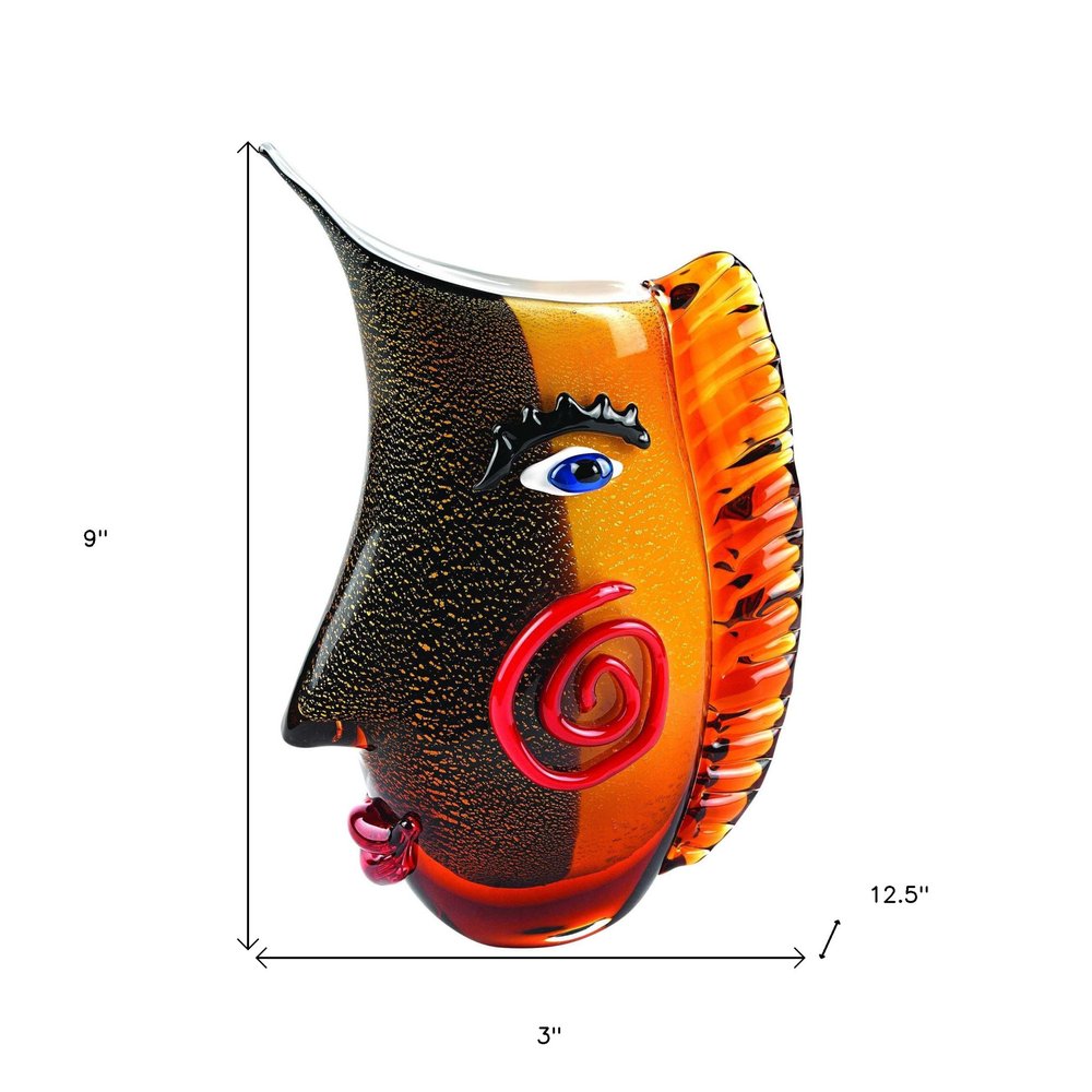 9" Black And Orange Contempo Face Murano Glass Table Vase
