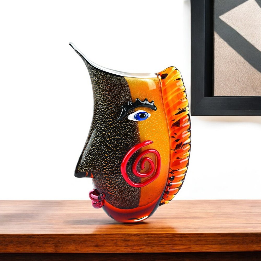 9" Black And Orange Contempo Face Murano Glass Table Vase