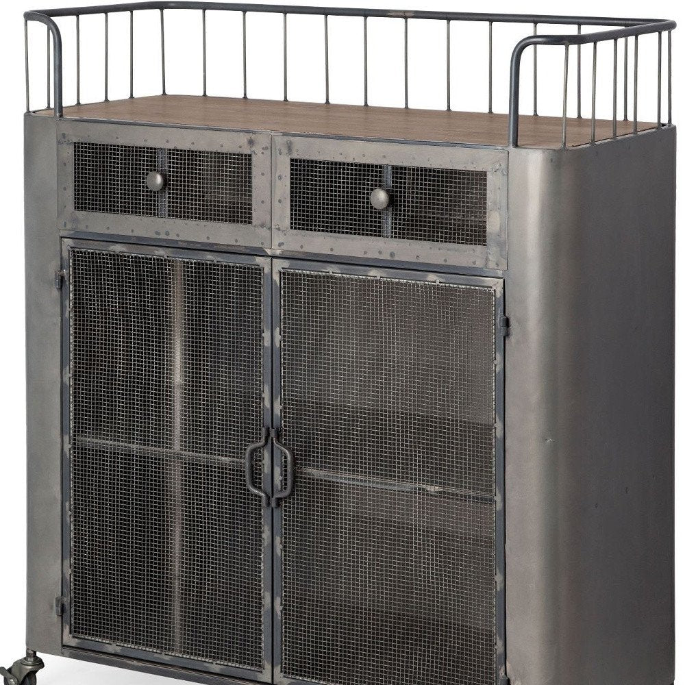35" Gray Steel Metal And Wood Rolling Kitchen Bar Cart