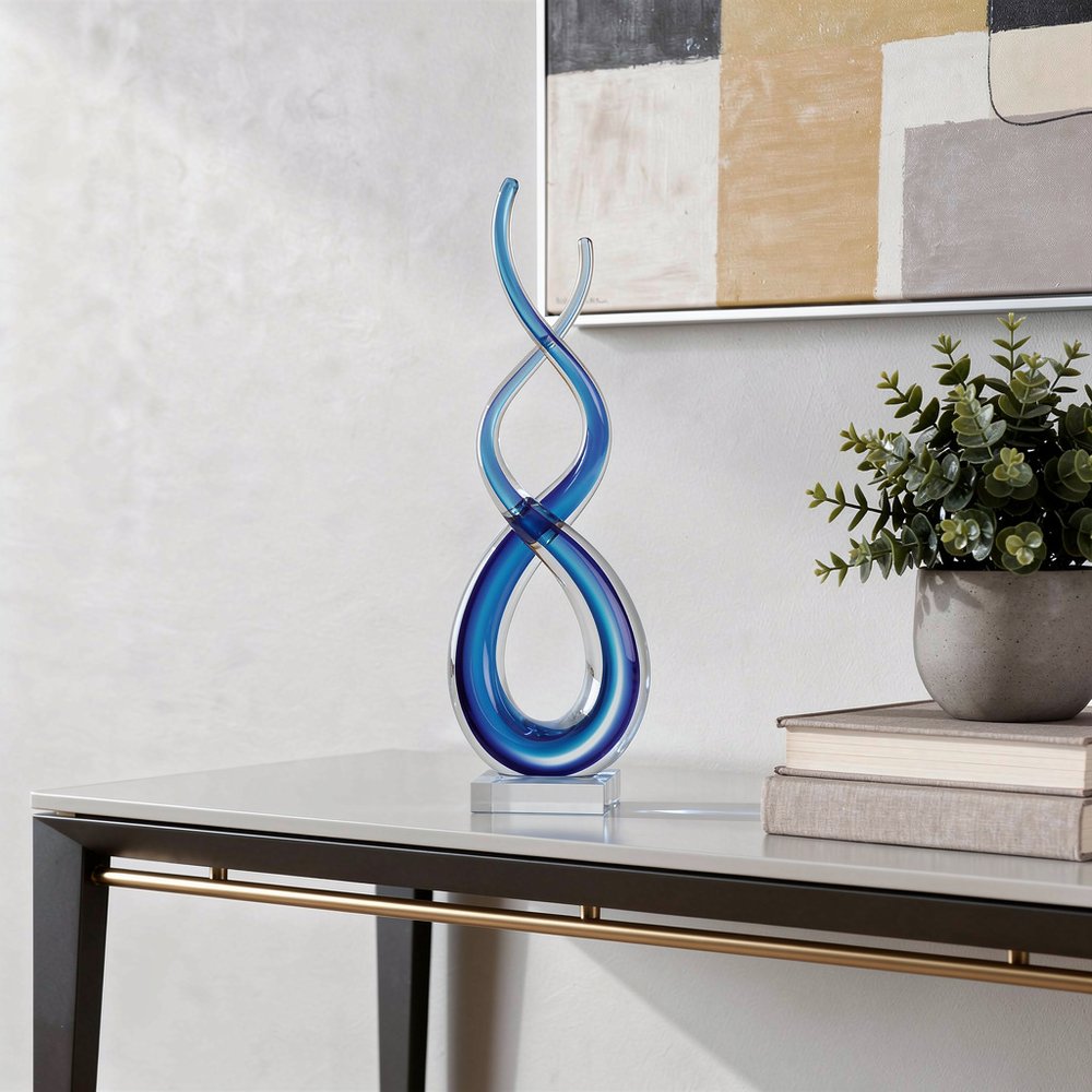 20" Clear and Blue Murano Glass Modern Abstract Tabletop Sculpture