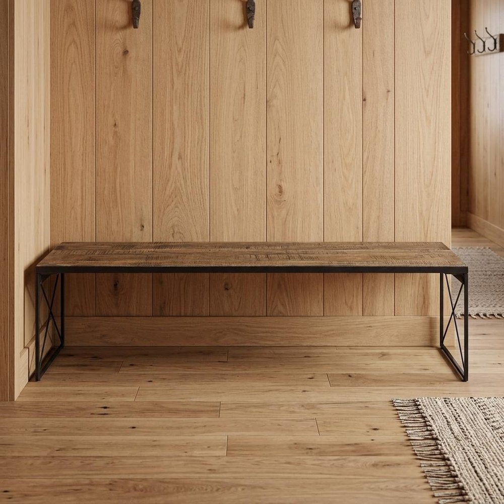 66" Brown And Black Iron and Solid Wood Bench