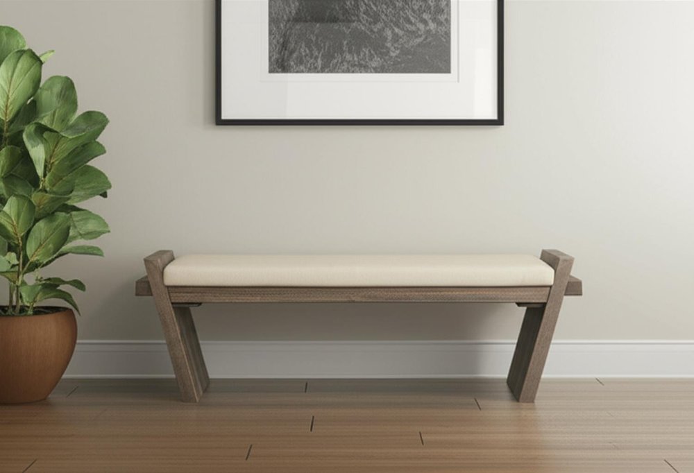 14" Cream and Brown Upholstered Linen Blend Bench