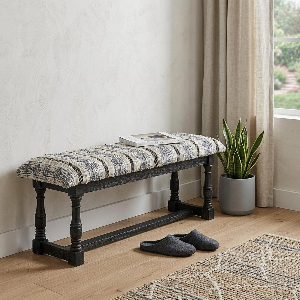 15" Off White and Black Upholstered Faux Leather Bench