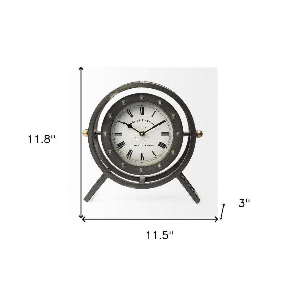 Gray Metal Circular Desk Table Clock With Rivet Detail Frame