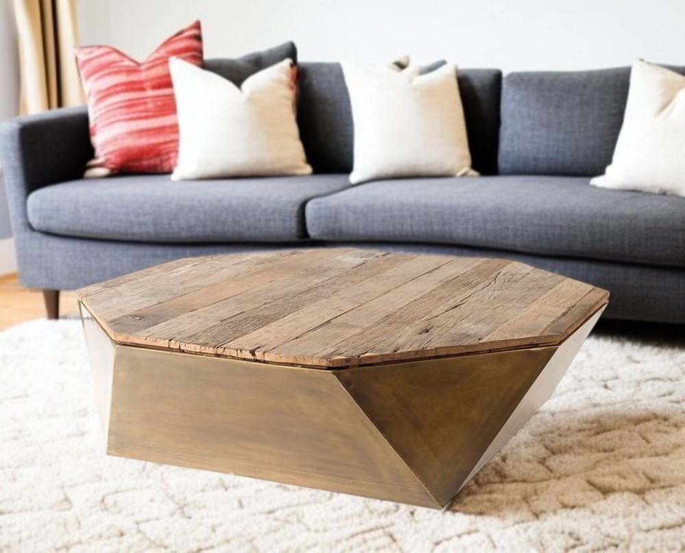 48" Natural Solid Wood Octagon Distressed Lift Top Abstract Coffee Table