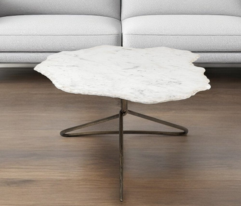 33" White and Gold Genuine Marble and Iron Free Form Coffee Table