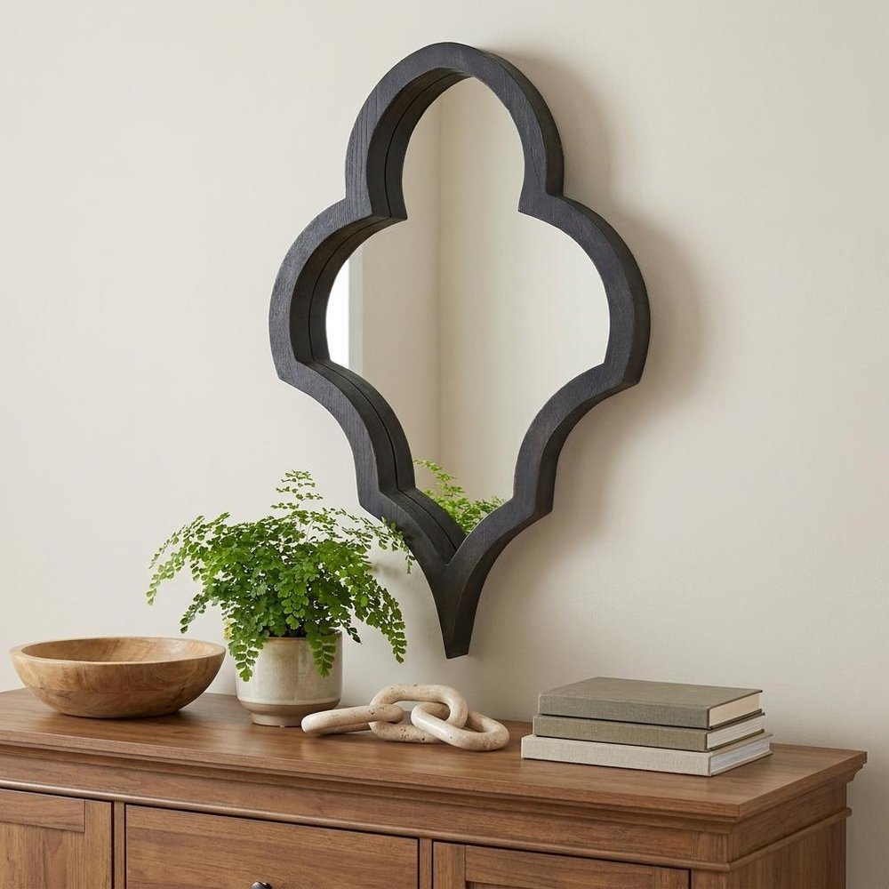 34" Black Wood Abstract Framed Accent Mirror