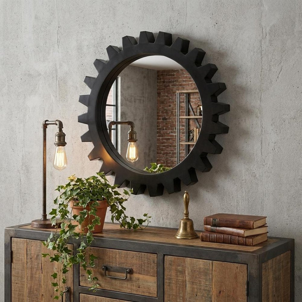 26" Black Cog Round Metal Frame Wall Mirror