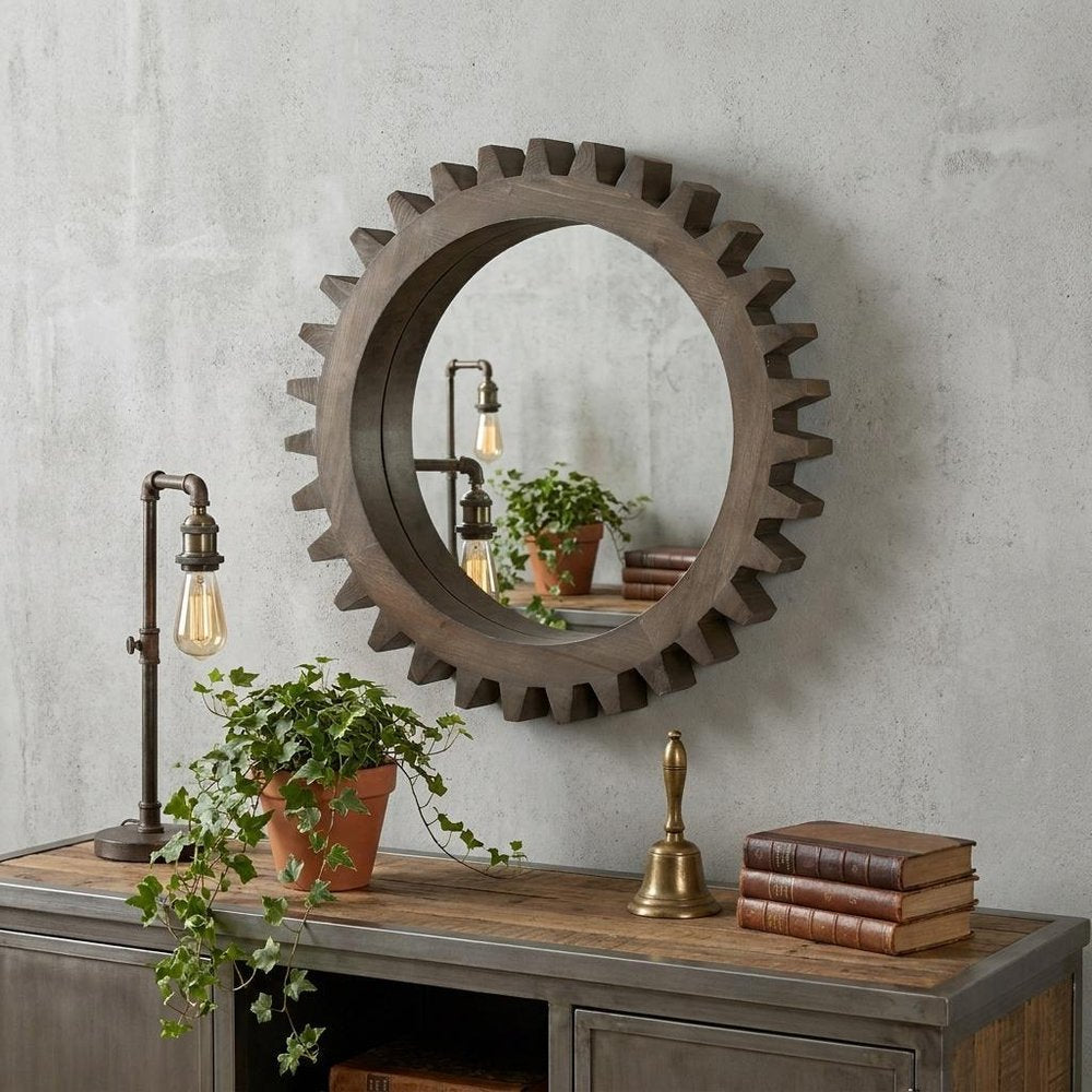 26" Dark Brown Abstract Wood Framed Accent Mirror