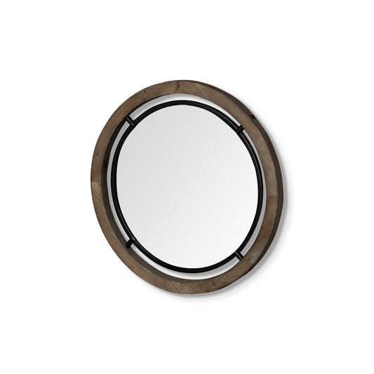 19" Brown And Black Metal And Wood Round Framed Accent Mirror