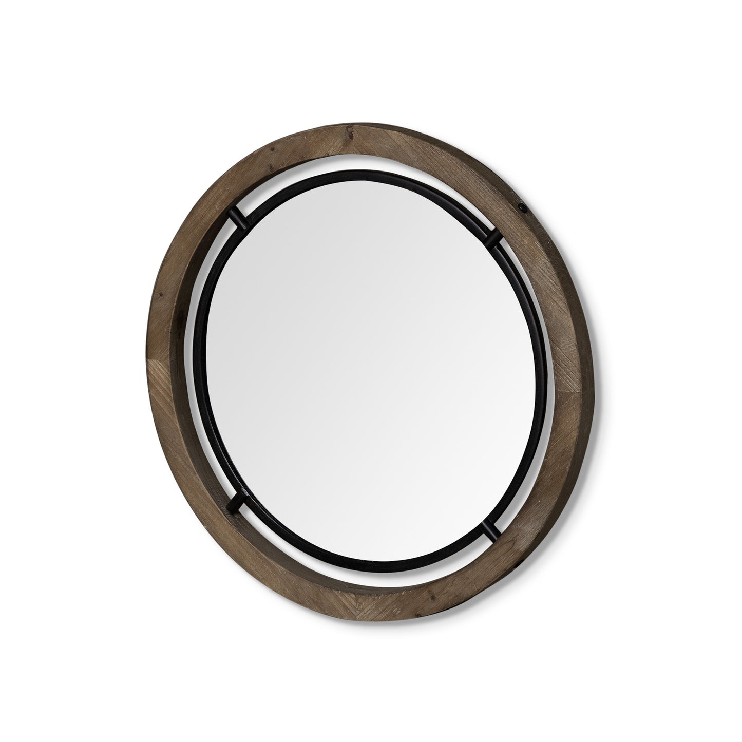 24" Brown And Black Round Metal And Wood Framed Accent Mirror