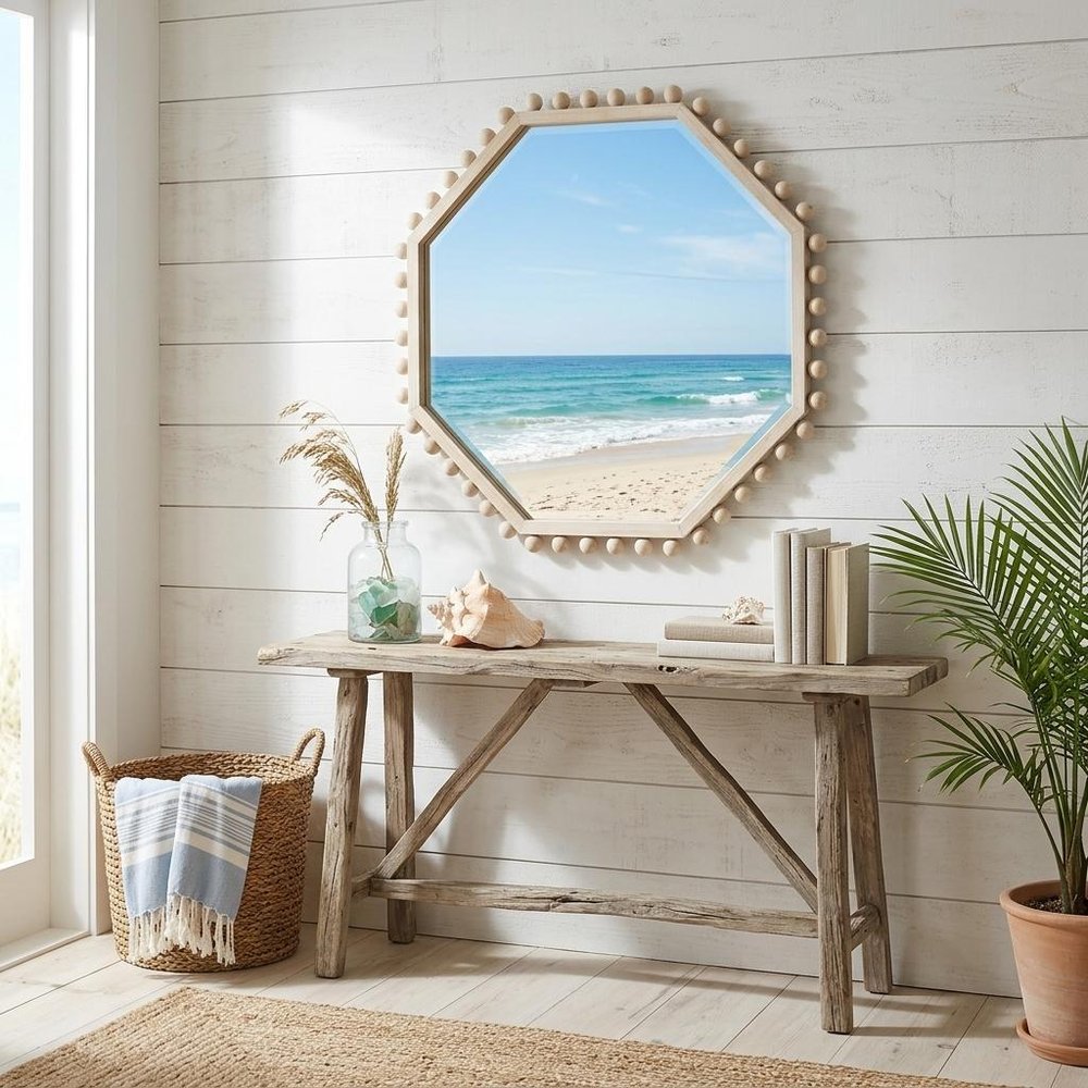 33" Natural Wood Octagon Beaded Framed Accent Mirror