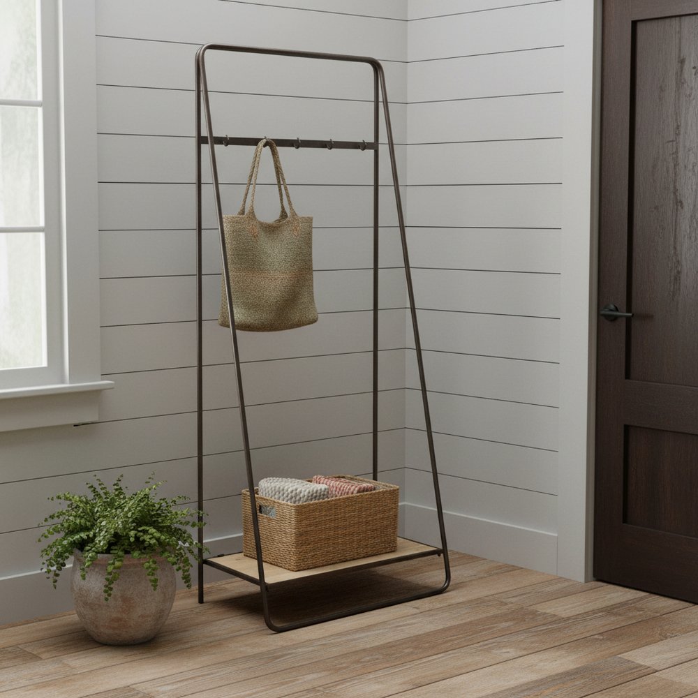 Black Pipe Metal And Wood Shelf Hall Tree