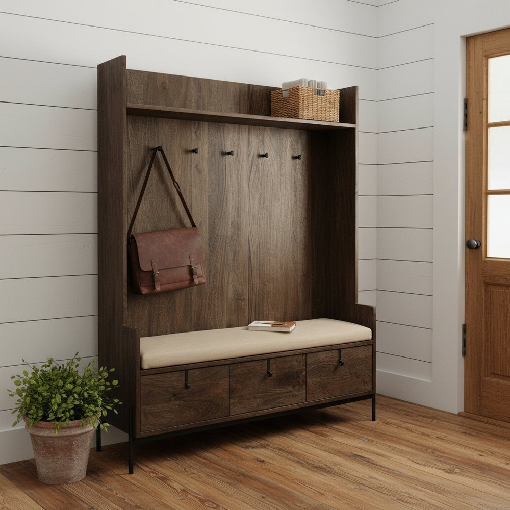 Brown Wood Cream Fabric Wrapped Seat Hall Tree With Storage