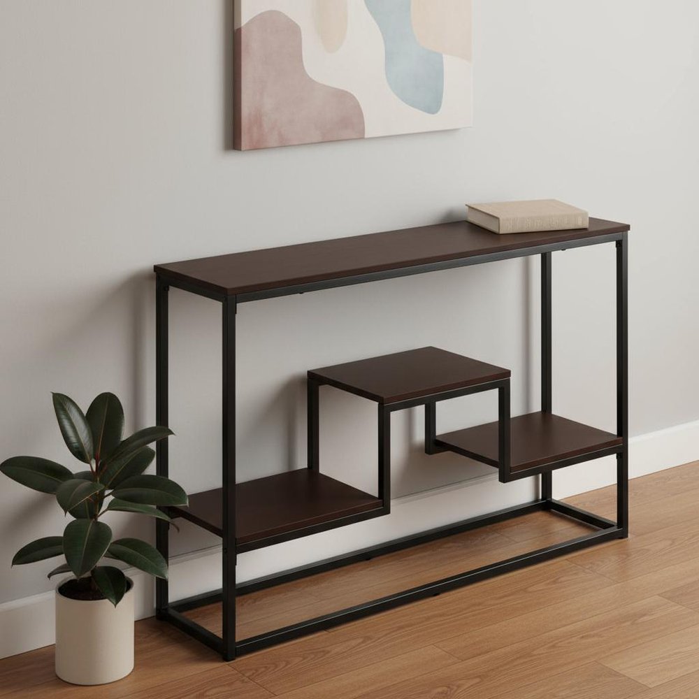 48" Brown and Black Frame Console Table With Shelves