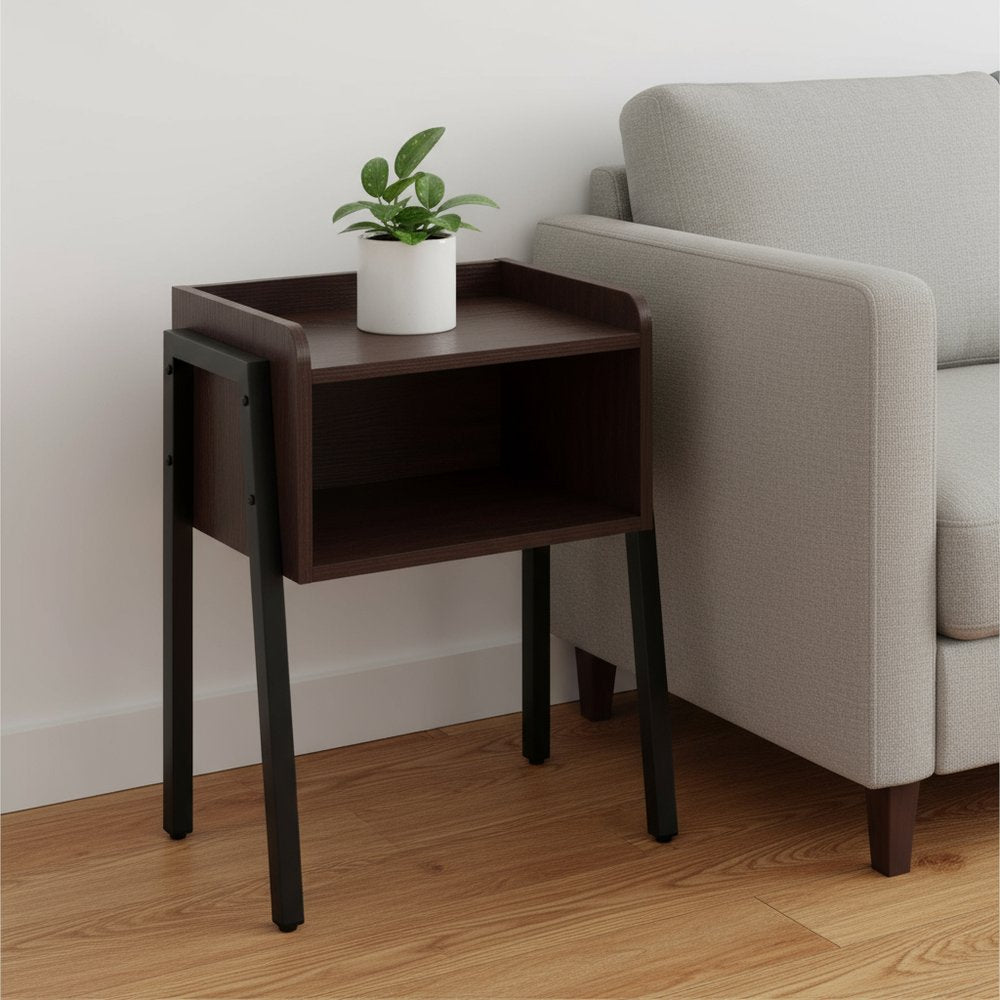 23" Rectangular Espresso Accent Table With Black Metal Legs