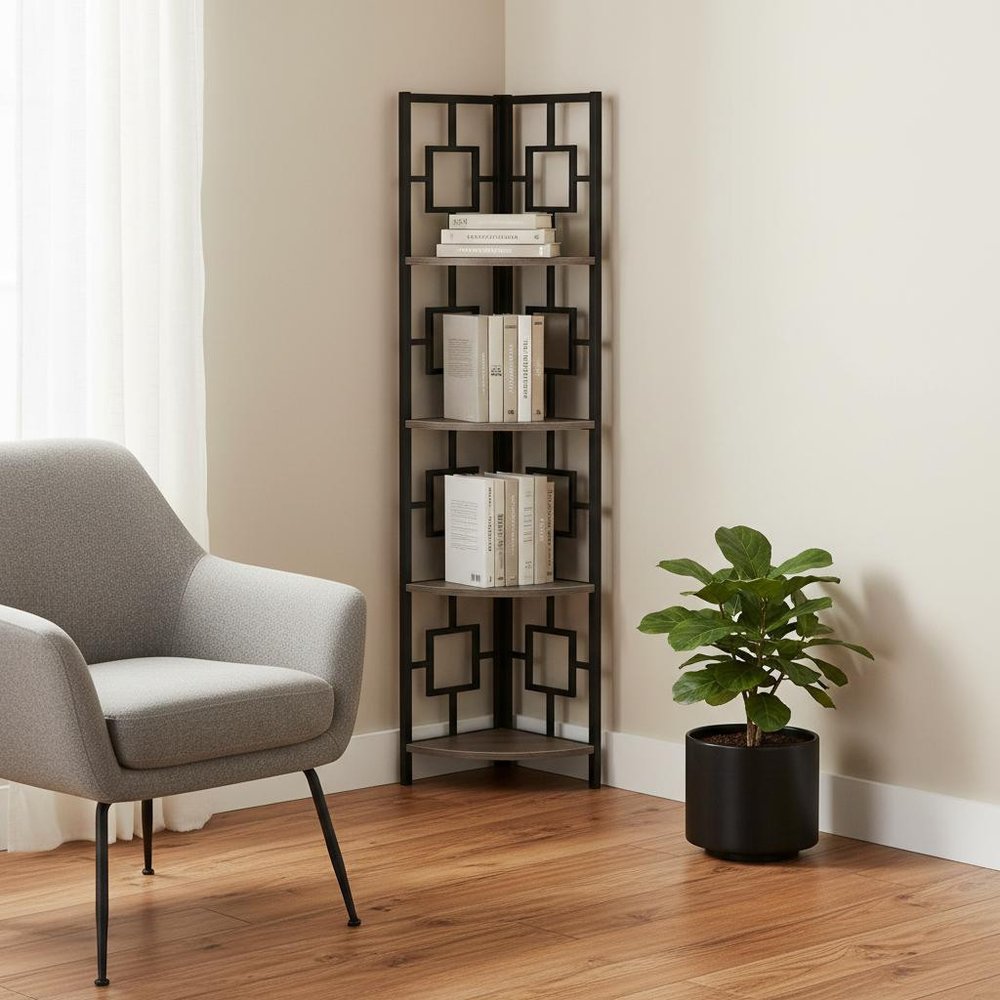 62" Dark Taupe Metal Corner Bookcase