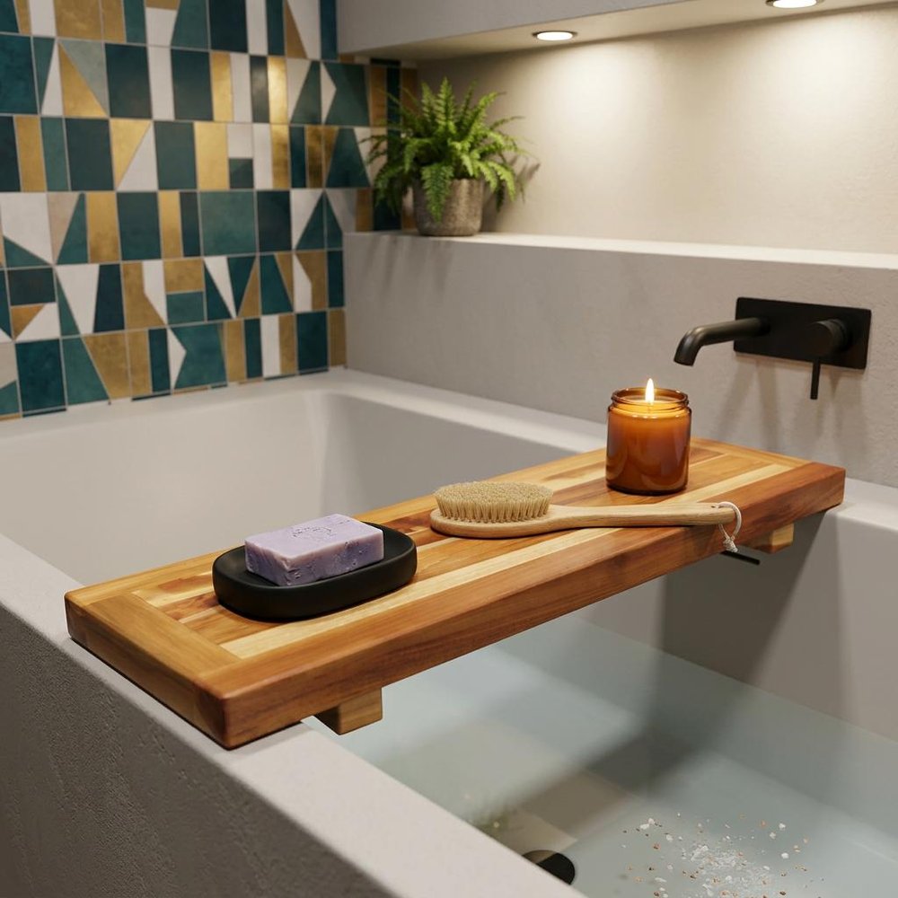 29" Natural Teak Wood Bath Tray And Seat