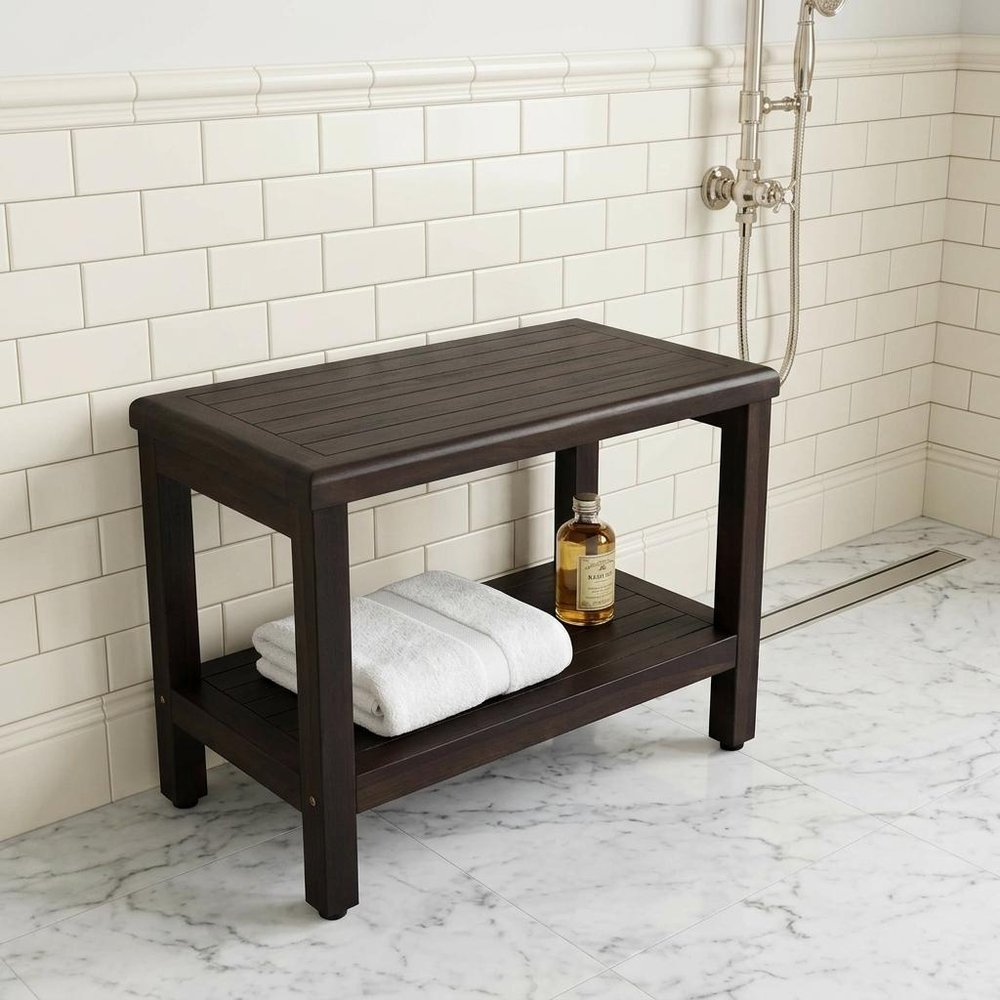 Rectangular Teak Shower Bench With Shelf In Brown Finish