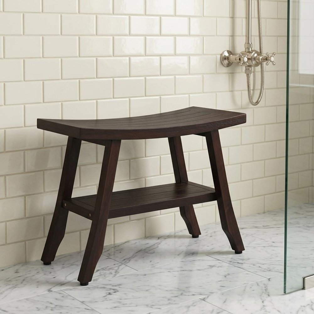 24" Dark Brown Teak Shower Bench With Shelf