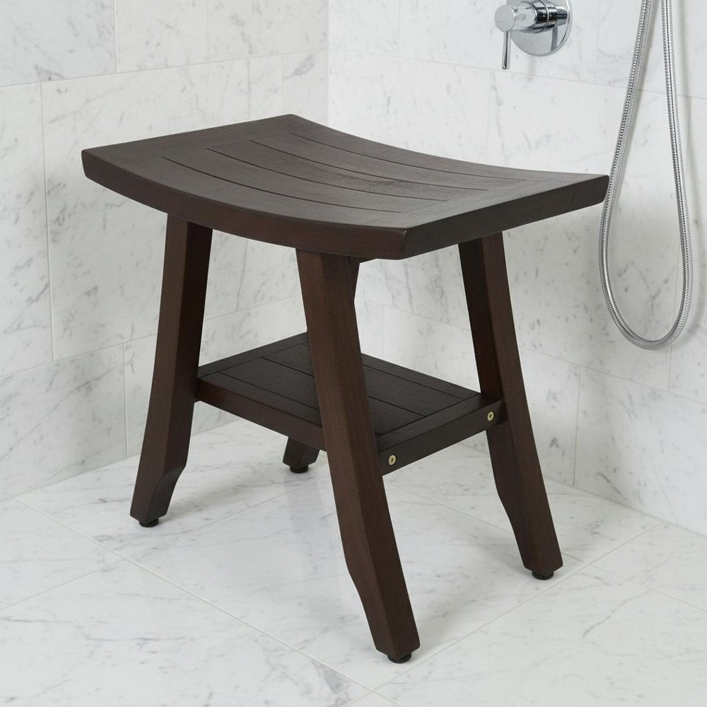 Compact Curvilinear Teak Shower Or Outdoor Bench With Shelf In Brown Finish