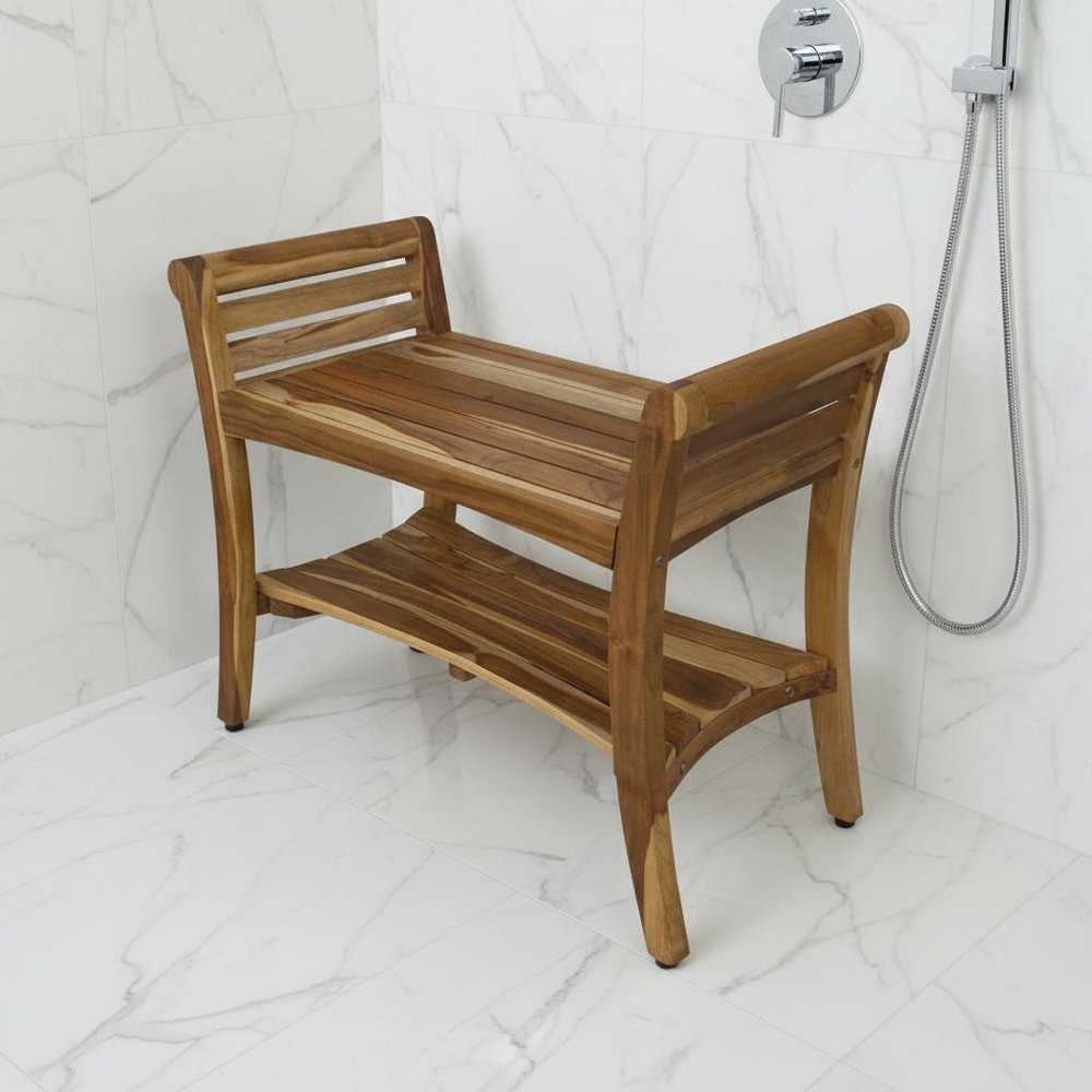 Rectangular Teak Shower Bench With Shelf And Handles In Naturalfinish