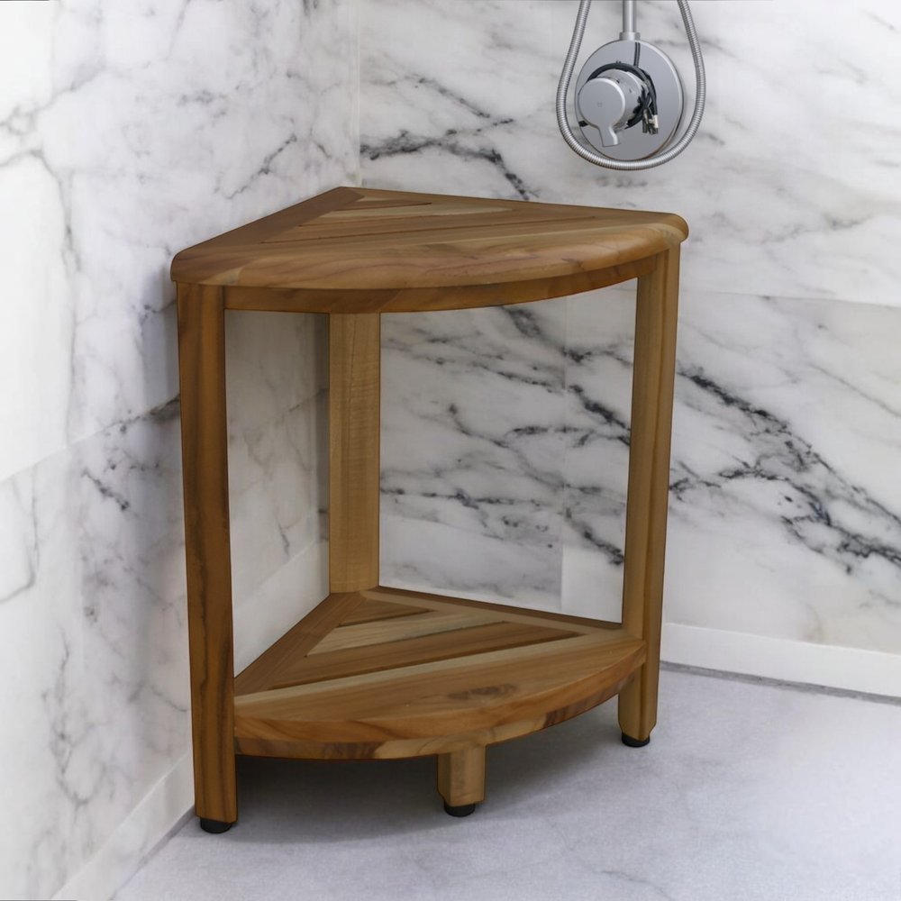 17" Brown Teak Corner Shower Bench With Shelf