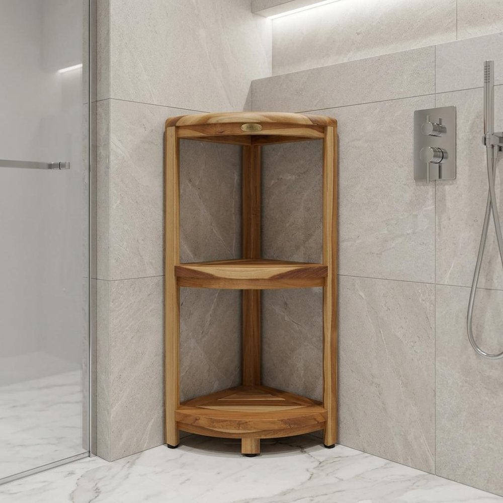 33" Natural Teak Corner Shower Bench With Shelf
