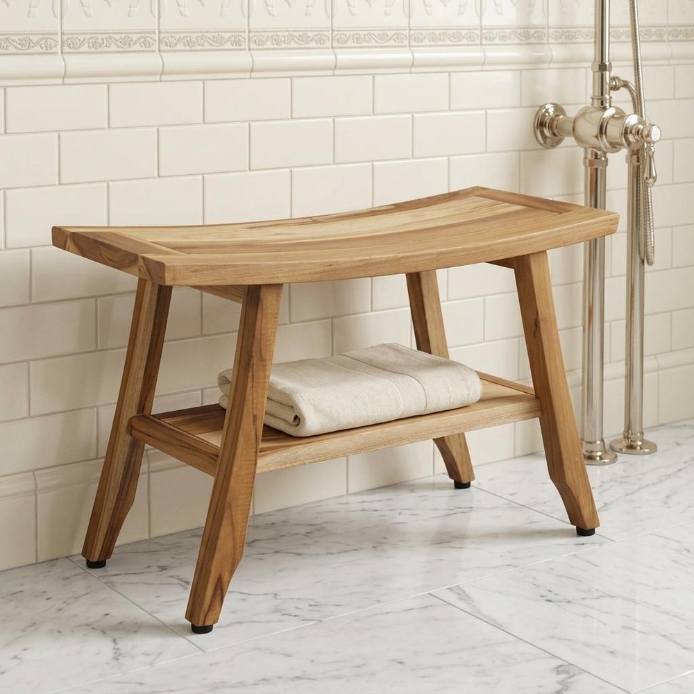 28" Natural Solid Teak Rectangular Shower Bench With Shelf
