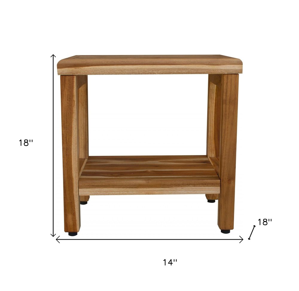 18" Contemporary Teak Shower Stool Or Bench With Shelf In Natural Finish