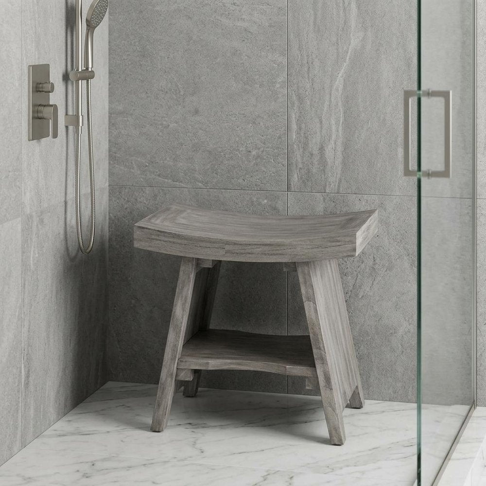 18" Gray Solid Wood Rectangular Shower Bench With Shelf