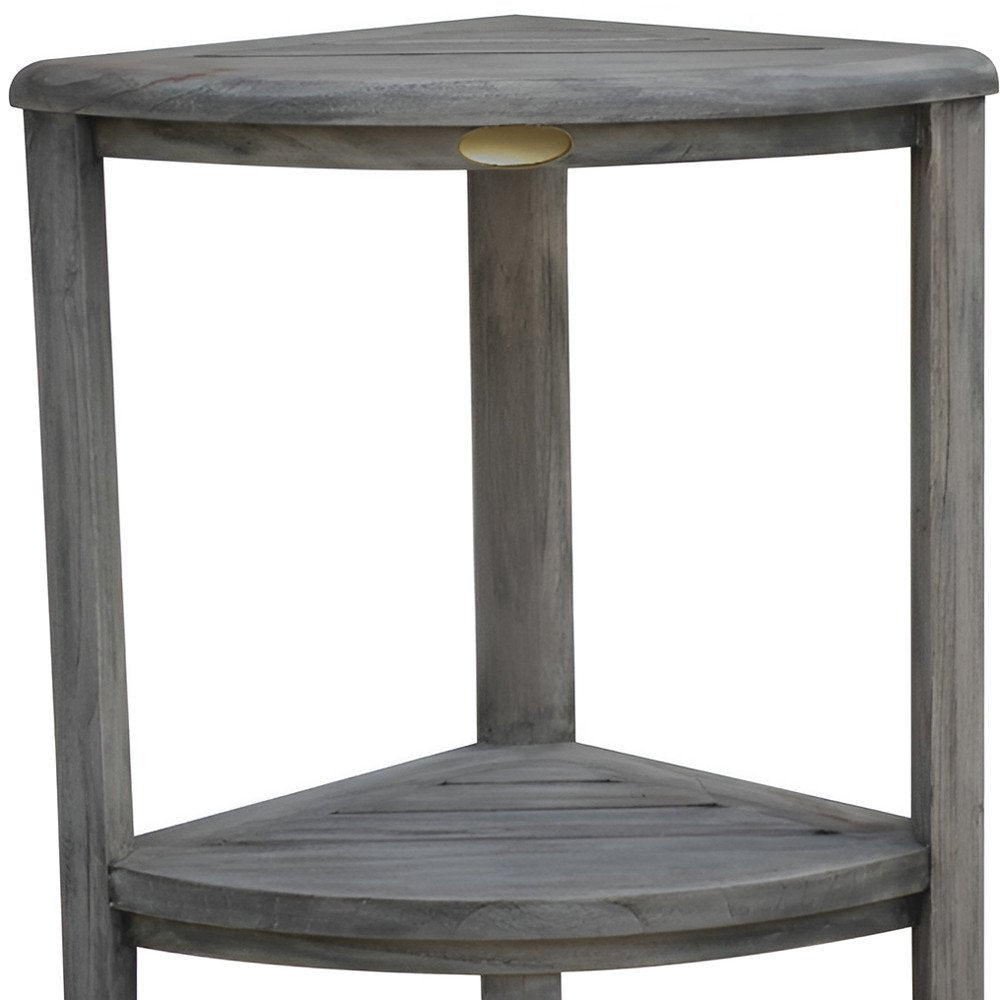 17" Gray Teak Corner Shower Bench With Shelf