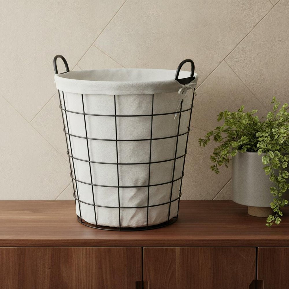 Large White Fabric Lined Metal Laundry Type Basket With Handle